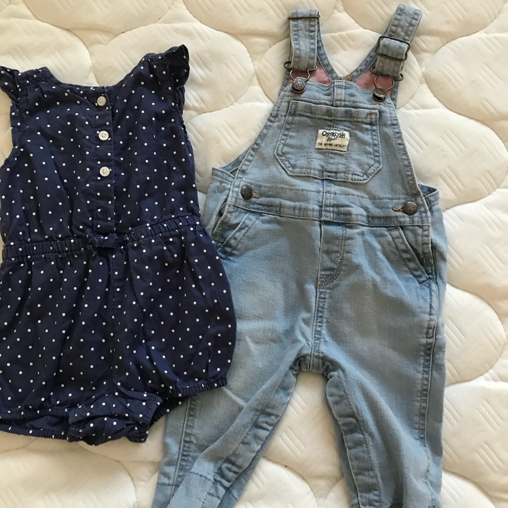 Gap Blue Polka Dot Romper and Light Blue Osh Kosh Overalls Set